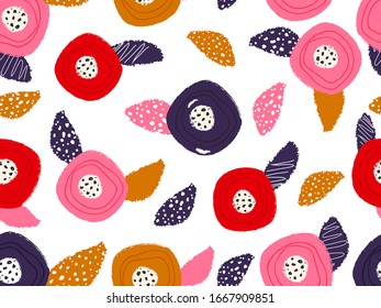 Seamless White Background Decorated with Colorful Flowers and Leaves in Brush Grunge Effect.