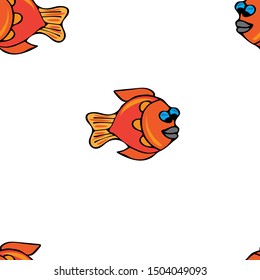 Seamless white background with fish. Cartoon, flat style hand drawn. Design for wrapping paper, fabric, wallpaper. Vector illustration.