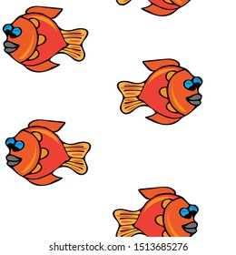 Seamless white background with fish. Cartoon, flat style hand drawn. Design for wrapping paper, fabric, wallpaper. Vector illustration.