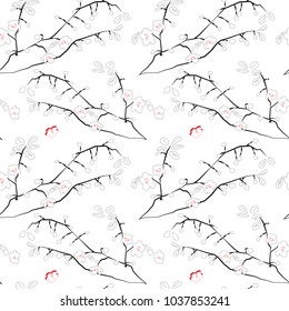 Seamless white background with flowers and black stems