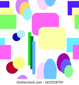 Seamless white background with geometric shapes in different colors. Suitable for packaging, fabric, bags, paper.