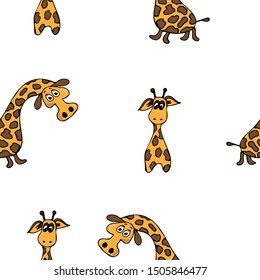 Seamless white background giraffe and giraffe cub. Cartoon, flat style hand drawn. Design for wrapping paper, fabric, wallpaper. Vector illustration