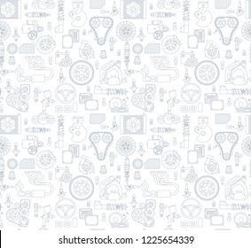 Seamless white background with gray linear icons of car parts and elements