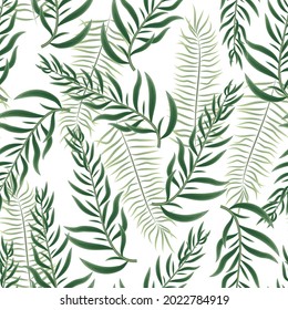 Seamless white background with green sharp leaves.
