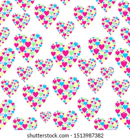 Seamless white background with hearts of different sizes and colors. Vector pattern of full color.  