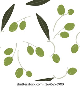 Seamless white background with olive branch with leaves. Ideal for printing on fabric or paper. 