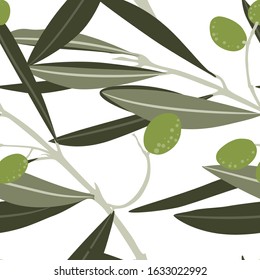 Seamless white background with olive leaves. Ideal for printing on fabric or paper. 