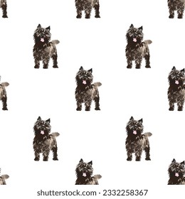Seamless white background pattern with dogs, holiday wallpaper with Cairn Terrier. Holiday Packaging with pets, decoration for present, wrapping paper. Trendy hand-drawn funny dog breed. Puppy icon. 