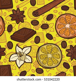 Seamless white background with a pattern of hand drawn additives for coffee. Spices and seasonings. Vanilla flower, pieces of chocolate, coffee beans, cinnamon stick, sliced piece of lemon, star anise
