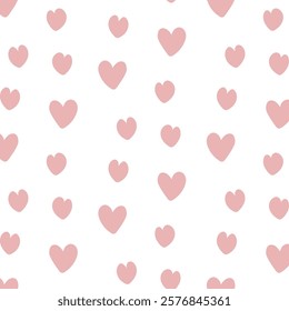 Seamless White Background With Pink Hearts Pattern. A seamless pattern featuring pink hearts scattered on a white background, ideal for designing occasions expressing love, affection, or Valentine's 