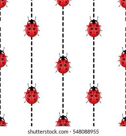 Seamless white background with red ladybugs. Vector illustration.
