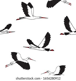 Fondo blanco impecable con cigüeñas. Caricatura de aves y flores primaverales de manzano. Dibujado a mano. Ilustración vectorial de material.