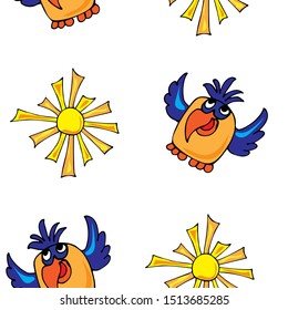 Seamless white background with a sun and a parrot. Cartoon, flat style hand drawn. Design for wrapping paper, fabric, wallpaper. Vector illustration.