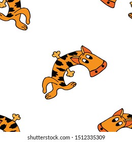 Seamless white background with tiger. Cartoon, flat style hand drawn. Wild african savannah. Design for wrapping paper, fabric, wallpaper. Vector illustration.