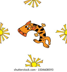 Seamless white background with tiger and sun. Cartoon, flat style hand drawn. Wild african savannah. Design for wrapping paper, fabric, wallpaper. Vector illustration.