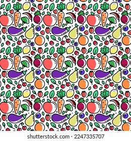 Seamless white background with trendy linear icons and signs of fruits and vegetables. To eat healthy food. Bright vector illustration of apple, carrot, strawberry and etc.