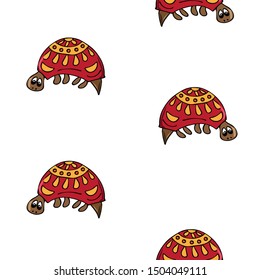 Seamless white background with a turtle. Cartoon, flat style hand drawn. Wild african savannah. Design for wrapping paper, fabric, wallpaper. Vector illustration.