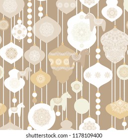 Seamless white - beige  vector scandinavian Christmas pattern with dala horses, dalecarlian horses