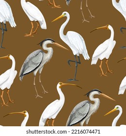 Seamless with white bird such as heron, lapwing and crane. Vector