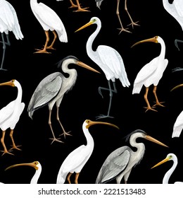 Seamless with white bird such as heron, lapwing and crane. Vector