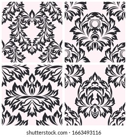 Seamless white and black damask traditional pattern. Vector set of 4. Use for wallpaper, pattern fills,textile design