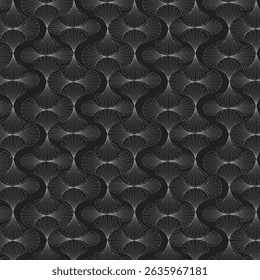 Seamless white and black geometric pattern with radiating lines forming elegant, repeating shapes.