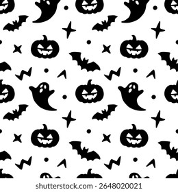 Seamless white and black Halloween pattern with scattered playful elements like ghosts, pumpkins, bats, and stars. Spooky yet fun minimalist design, perfect for holiday decor, fabrics, and backgrounds