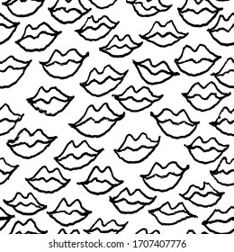 Seamless white and black pattern with handdrawn pen lips.
