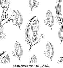 Seamless white and black pattern with tulip. Natural wildflowers white and black illustration.