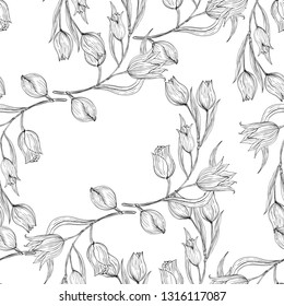 Seamless white and black pattern with tulip. Natural wildflowers white and black illustration.