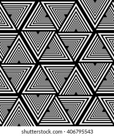 Seamless White and Black Striped Triangle Pattern.  Polygonal Geometric Abstract Background. Suitable for textile, fabric, packaging and web design. Vector Illustration.