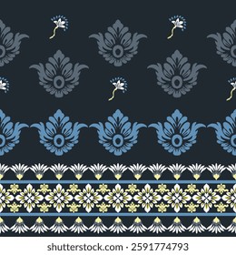Seamless white and blue floral damask shape with geometric ethnic tradition pattern texture on black and grey background