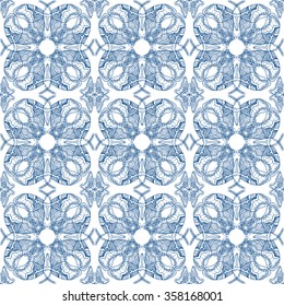 Seamless white and blue. The pattern consists of drawings of butterflies and beetles. Vector.