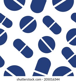 Seamless white and blue pattern of tablets, pills and capsules in a healthcare and medical concept medical pattern