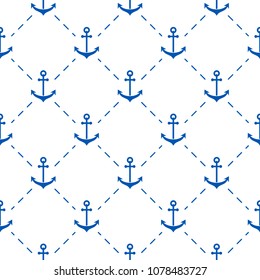 Seamless white and blue summer pattern with anchor elements.