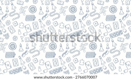 seamless white board games pattern background featuring blue line art doodles of gaming icons