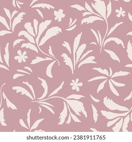 Seamless white botanical pattern on pink background. modern collage of drawings of various plants, flowers, branches, hand-drawn ink sketches. Vector illustration