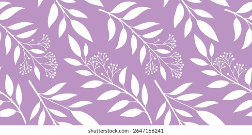 Seamless white botanical pattern on soft purple background with elegant floral branches and leaves. Ideal for wallpapers, textiles, and surface design. Modern vector illustration style.