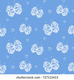 seamless white butterfly and heart pattern on blue background