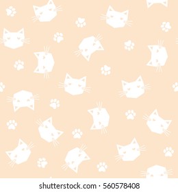 Seamless white cats with paws pattern on peach background