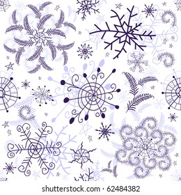 Seamless white christmas pattern with decorative violet snowflakes and stars (vector)