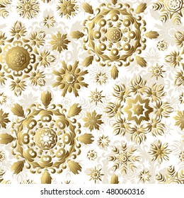 Seamless white christmas pattern with gold ornate snowflakes, vector background