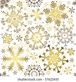 Seamless white christmas pattern with golden snowflakes (vector)