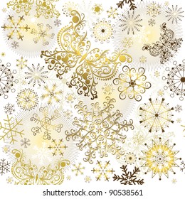 Seamless white christmas pattern with golden snowflakes and butterflies (vector)