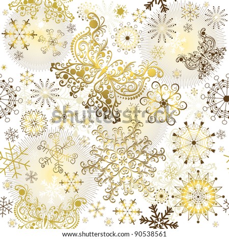 Seamless white christmas pattern with golden snowflakes and butterflies (vector)