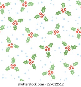 Seamless white Christmas pattern with green holly leaves and berries. Vector illustration