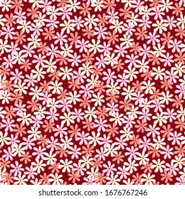 Seamless White Color, Peach Color And Pink Color Tiny Flower Pattern With Dark Maroon Color Background