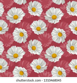 Seamless white cosmos flowers pattern and jester red background