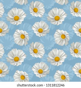 Seamless white cosmos flowers pattern and soft blue background