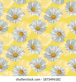 Seamless white cosmos flowers pattern.illuminating yellow background